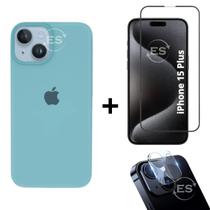 Kit 3em1 Linha Premium Para iPhone 15 Plus - Case Aveludada + Película Vidro 3D + Película de Câmera
