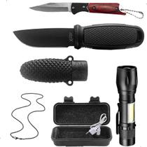 Kit 3pçs Faca Esportiva Tática Lanterna Canivete Pesca Camping