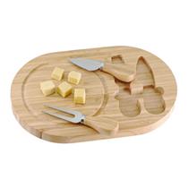 Kit 3pçs tabua queijo madeira e facas em inox presente