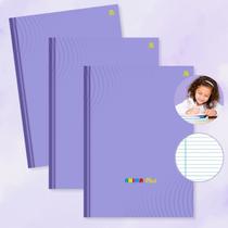 Kit 3un Caderno Brochura Tons Pasteis Rosa ou Lilás Capa Dura Grande com Pauta e Adesivos 96fls Escolar Cor:Lilás