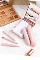 Kit 3Un Mini Espelho Maquiagem Portátil Rosa 5 Pincéis Lupa