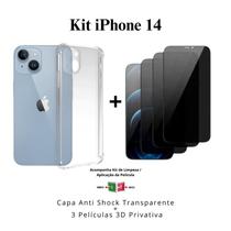 Kit 3UN Película 3D de Vidro Privacidade + 1UN Capa Capinha Transparente para Iphone 14