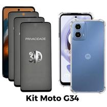 Kit 3UN Película 3D Privacidade + Capa Transparente para Motorola Moto G34 Kit 3UN Película 3D Privacidade + Capa Transparente para Motorola Moto G34