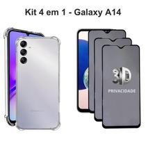 Kit 3UN Película 3D Vidro Privacidade + Capa Anti Impactos Transparente para Samsung Galaxy A14