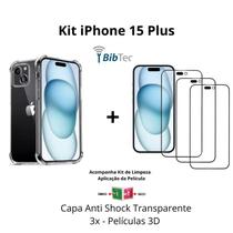 Kit 3UN Películas 3D Vidro + Capa Capinha Transparente para Iphone 15 Plus