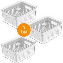 Kit 3Un Pote Organizador Geladeira Com Tampa e Cesto Drenagem Para Alimentos Frescos 2,2L Cozinha Clean OU