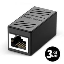 KIt 3x Adaptador Emenda Rj45 Extensor Cat5 Cat6 Cat7 Rede Ethernet Conector Blindado Cor:Preto