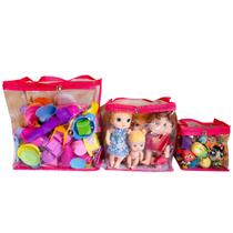 Kit 3x Bolsa para armazenamento de brinquedos, P/M/G Rosa - BOM CLOSET