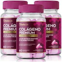 Kit 3x Colageno Premium Hidrolisado Acido Hialuronico 100mg Proteina Pele Cabelo Unha 60 Comprimidos Mastigaveis Sabor Tutti Frutti Daily Life