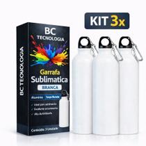 Kit 3x Garrafa de Alumínio Branca com Tampa Mosquetão para Sublimação 600ml