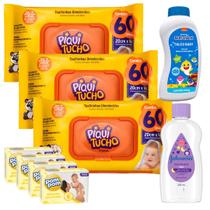 Kit 3x Lenço Piquitucho 60un, Talco Baby Shark, Óleo Johnsons 200ml, Sabonete Pom Pom Glicerinado