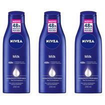 Kit 3x Loção Desodorante Creme Hidratante Nivea Milk 200ml 48h Hidratação Profunda Óleo de Amêndoas Pele Seca Extrasseca