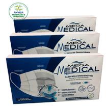 Kit 3x Máscara Hospitalar Descartável Tripla Proteção e Ajuste Nasal (150 unidades) Anvisa - Mega Medical