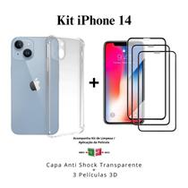 Kit 3x Películas 3D de Vidro + Capinha Transparente para Iphone 14 Anti Impactos