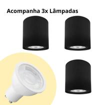 Kit 3x Spot Sobrepor Preto 2290 Direcionável Redondo + Lâmpada