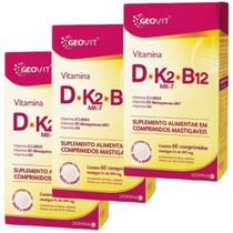 Kit 3x Vitamina D + K2 Mk7 + B12 Geovit Sabor Morango 60 Comprimidos Mastigáveis