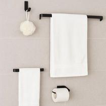 Kit 4 Acessórios para Banheiro em Metal Porta Toalha de Banho e Rosto, Papeleira e Gancho Cores Preto ou Cromado