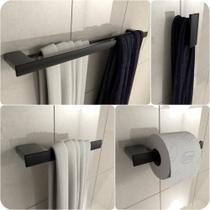 Kit 4 Acessórios Para Banheiro Preto Master Toalheiro Duplo Kit 4 Acessórios Para Banheiro Preto Master Toalheiro Duplo