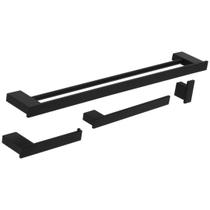 Kit 4 Acessórios Para Banheiro Preto Master Toalheiro Duplo Kit 4 Acessórios Para Banheiro Preto Master Toalheiro Duplo