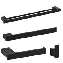 Kit 4 Acessórios Para Banheiro Preto Master Toalheiro Duplo Kit 4 Acessórios Para Banheiro Preto Master Toalheiro Duplo