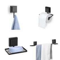 Kit 4 Acessórios Para Banheiro Suporte Em Aço Dupla Face 3M Sem Furos Cor:Preto