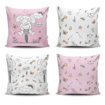 Kit 4 Almofadas Cheias 45cm x 45cm Estampado Sala Quarto Elefante Rosa e Branco
