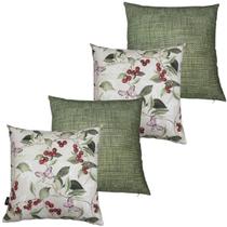 Kit 4 Almofadas Cheias Impermeável Estampa Digital 100% Algodão Borboleta Cereja e Verde Riscado 43cmx43cm