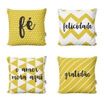 Kit 4 Almofadas Decoração Amarelas Fé, Gratidão, Felicidade, Amor Para Sofá Sala de Estar 40x40 Novadecora