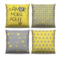 Kit 4 Almofadas Decorativa com Refil Estampadas Moderno Com ZÍper O Amor Mora Aqui Amarelo