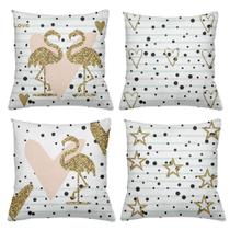 Kit 4 Almofadas Decorativas Cheias 40x40cm Flamingo Ouro