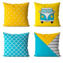 Kit 4 almofadas decorativas geométrica azul e amarelo 45x45