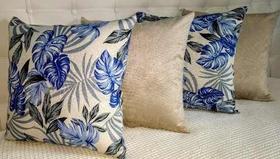- Kit 4 Almofadas Decorativas Jacquard Folha Azul Sued Palha - Kit 4 Almofadas Decorativas Jacquard Folha Azul Sued Palha