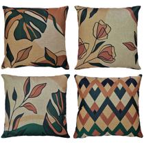 Kit 4 Almofadas Em Linho Floral Amarela/Verde/Laranja 45x45
