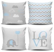 Kit 4 Almofadas Estampadas com Silicone Premium 42cm x 42cm - Infantil Elefante Azul