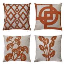 Kit 4 Almofadas Linho Aplique Bouclé Folhas Terracota 50x50