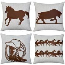 Kit 4 Almofadas Linho Aplique Couro Boi Cavalaria Bota 50x50 Kit 4 Almofadas Linho Aplique Couro Boi Cavalaria Bota 50x50