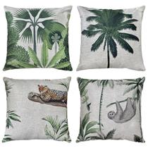 Kit 4 Almofadas Linho Bege Animal Preguiça Onça Galho 45x45 Kit 4 Almofadas Linho Bege Animal Preguiça Onça Galho 45x45