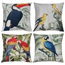 Kit 4 Almofadas Linho Bege Aves Pássaros Tucano Arara 45x45