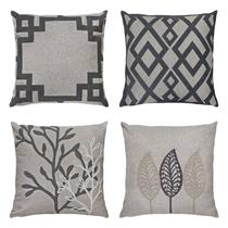 Kit 4 Almofadas Linho Bouclé Geometria Folhagem Cinza 50x50