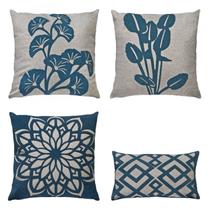 Kit 4 Almofadas Linho Com Bouclé Floral Drapeada Azul 50x50