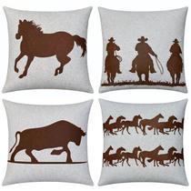 Kit 4 Almofadas Linho Com Couro Boi Cavalaria Cavalo 50x50