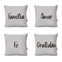 Kit 4 Almofadas Personalizadas Cinza Decoração Família, Amor, Fé e Gratidão Para Sofá Sala de Estar 40x40 Novadecora
