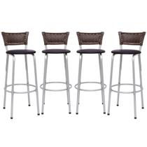 Kit 4 Banco Banqueta 70cm Estrutura Prata Encosto Junco Argila Alta Para Balcão Area Gourmet Piscina Bistrô Itagold