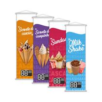 Kit 4 Banners Sorvete Casquinha Sundae Milk Shake 100x30cm Kit 4 Banners Sorvete Casquinha Sundae Milk Shake 100x30cm