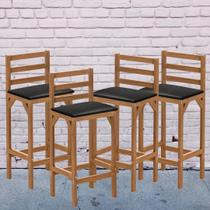 Kit 4 Banqueta Alta Madeira Natural Assento Preto Estofado com Encosto Cozinha Bar