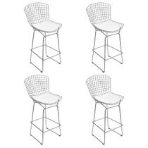 Kit 4 Banquetas Alta Bistrô Alta Bistrô Bertoia Cromada D60 com Assento Sintético Branco