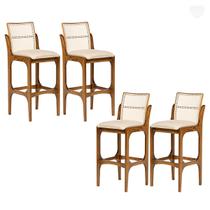 Kit 4 Banquetas Alta para Bancada Lisboa Encosto Rattan Madeira Imbuia Linho Bege M58 RMI Kit 4 Banquetas Alta para Bancada Lisboa Encosto Rattan Madeira Imbuia Linho Bege M58 RMI
