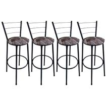 Kit 4 Banquetas Alta Preta com Encosto Assento Folhagem Marrom Jaddi