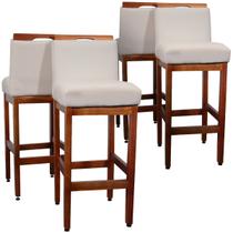 Kit 4 Banquetas Altas 75cm Madeira Maciça Eucalipto Estofada Tecido Linho Encosto Para Bancada Americana Cozinha Gournet Safira