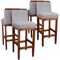 Kit 4 Banquetas Altas 75cm Madeira Maciça Eucalipto Estofada Tecido Linho Encosto Para Bancada Americana Cozinha Gournet Safira
